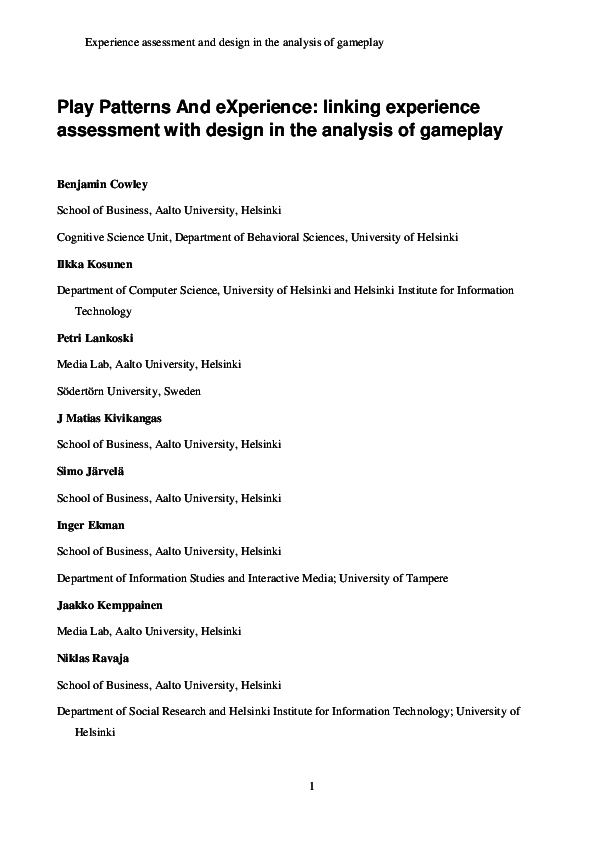 (PDF) Play Patterns And eXperience linking experience assessment with