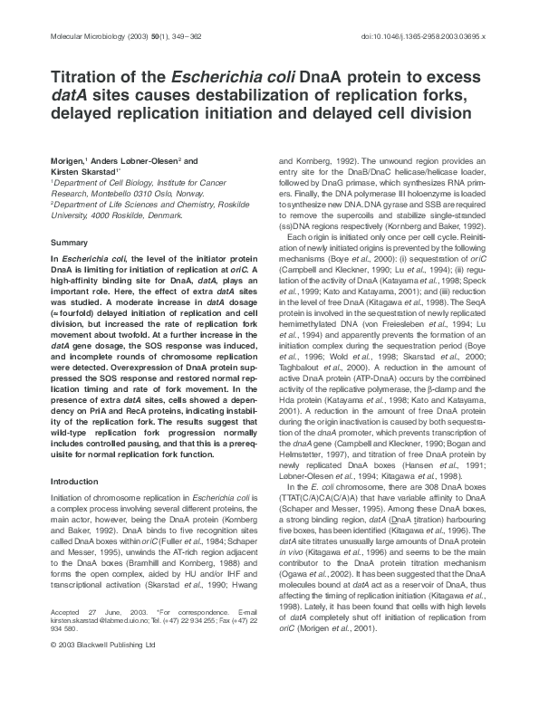(PDF) Titration of the Escherichia coli DnaA protein to excess datA ...