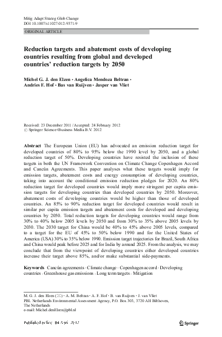 (PDF) Reduction targets and abatement costs of developing countries ...
