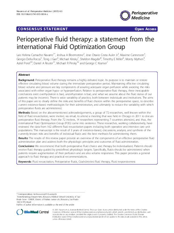 Pdf Perioperative Fluid Therapy A Statement From The