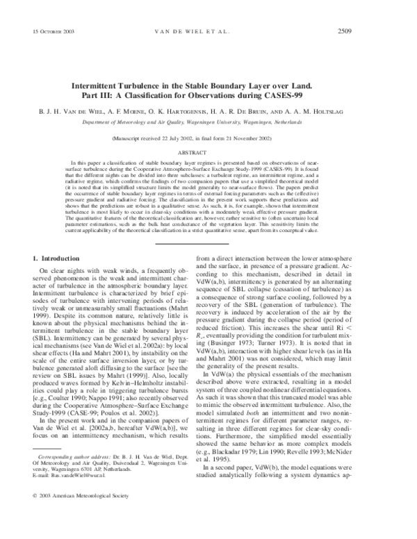 (PDF) Intermittent Turbulence in the Stable Boundary Layer over Land ...