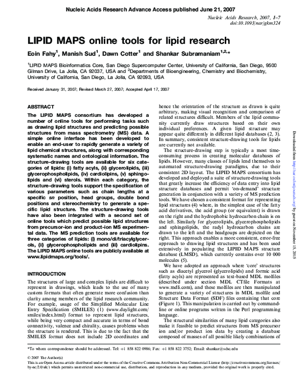 (PDF) LIPID MAPS online tools for lipid research Shankar Subramaniam