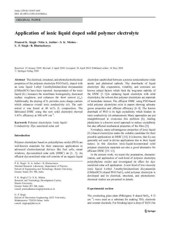 (PDF) Application of ionic liquid doped solid polymer electrolyte