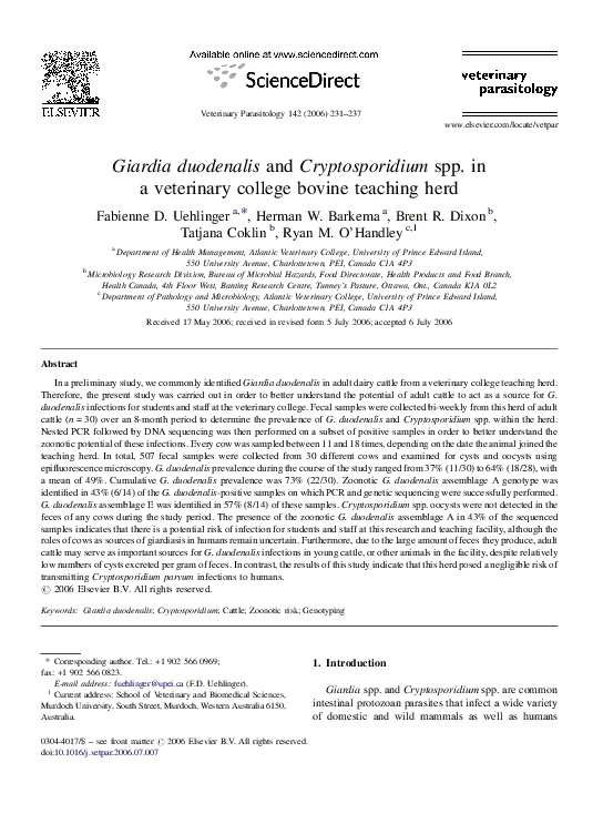 (PDF) Giardia duodenalis and Cryptosporidium spp. in a veterinary ...