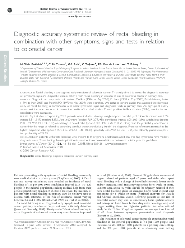 (PDF) Diagnostic accuracy systematic review of rectal bleeding in ...