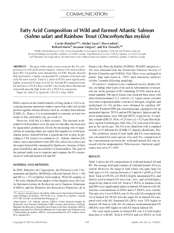 (PDF) Fatty acid composition of wild and farmed Atlantic salmon (Salmo ...