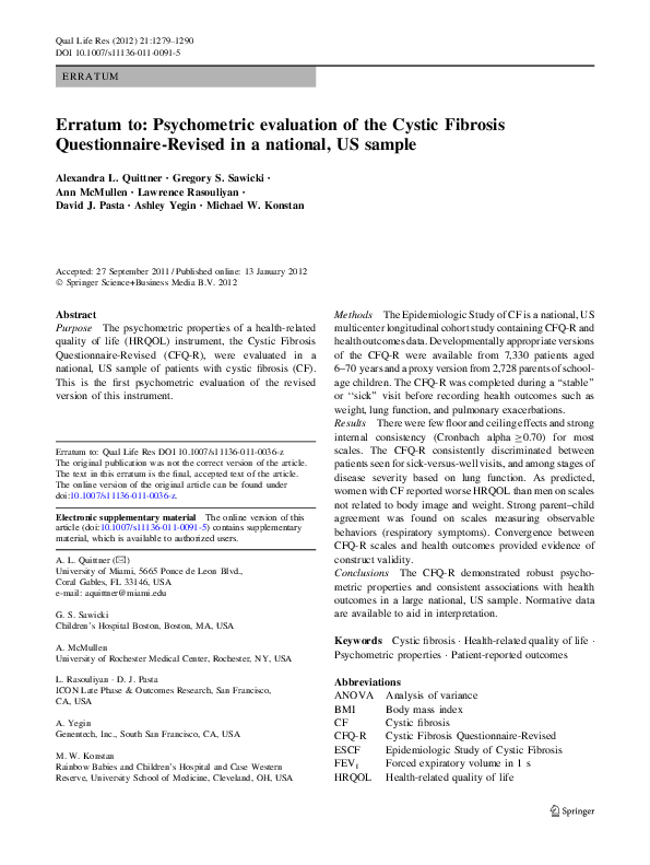(PDF) Erratum to: Psychometric evaluation of the Cystic Fibrosis ...