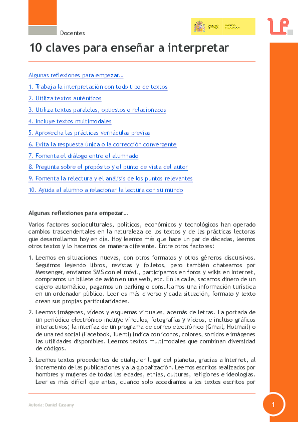 (PDF) 10 claves para enseñar a interpretar