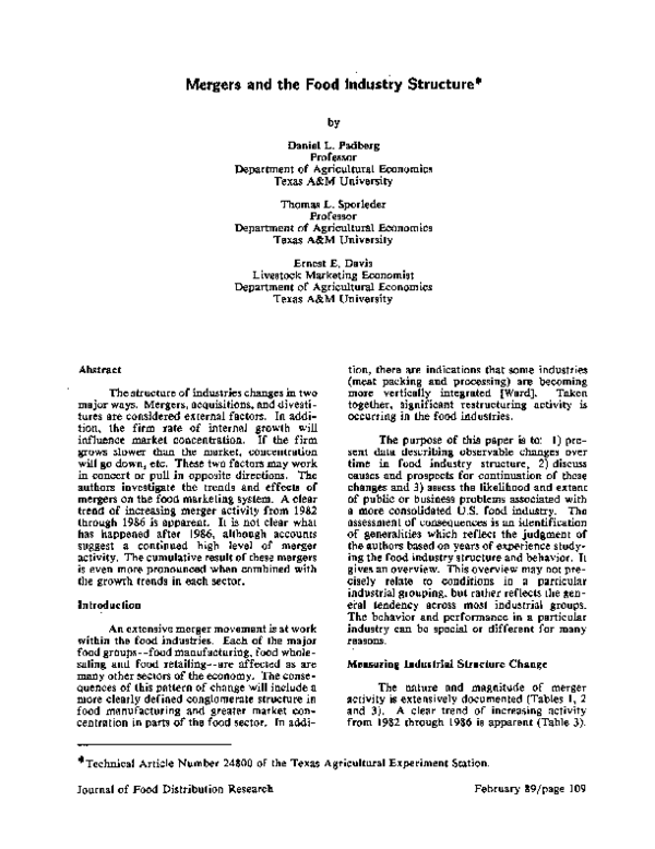 (PDF) MERGERS AND THE FOOD INDUSTRY STRUCTURE