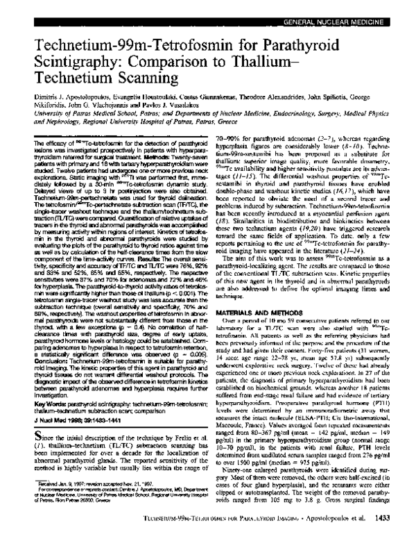 (PDF) Technetium-99m tetrofosmin for parathyroid scintigraphy: a direct ...