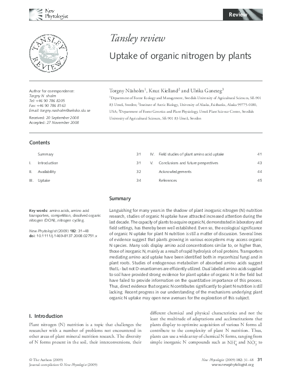 (PDF) Uptake of organic nitrogen by plants