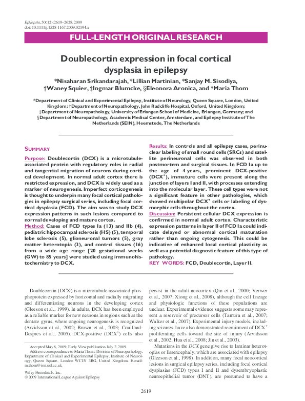 (PDF) Doublecortin expression in focal cortical dysplasia in epilepsy