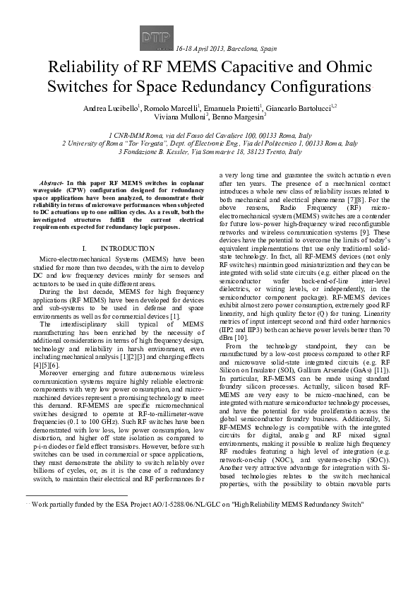 (PDF) Reliability of RF MEMS capacitive and ohmic switches for space ...