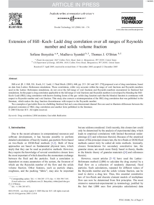 Pdf Extension Of Hill Koch Ladd Drag Correlation Over All Ranges Of Reynolds Number And Solids Volume Fraction M Syamlal Academia Edu