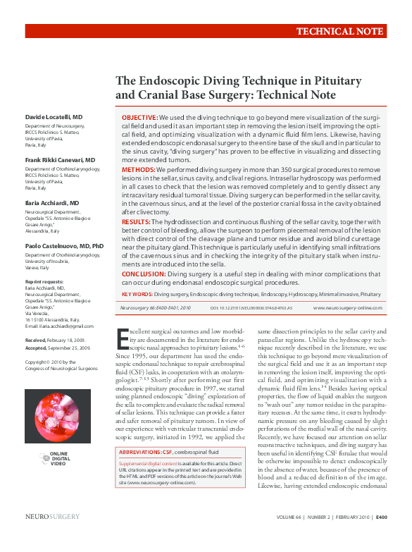 (PDF) The Endoscopic Diving Technique in Pituitary and Cranial Base