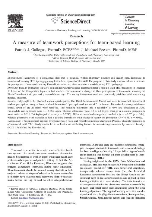 (PDF) A measure of teamwork perceptions for team-based learning