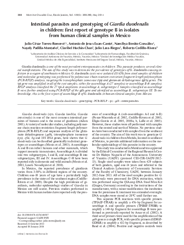 (PDF) Intestinal parasites and genotyping of Giardia duodenalis in ...