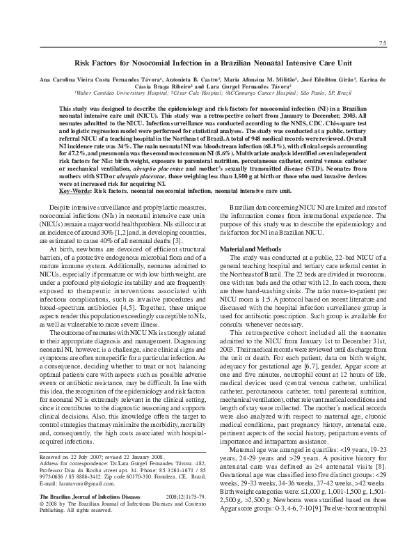 (PDF) Risk factors for nosocomial infection in a Brazilian neonatal ...
