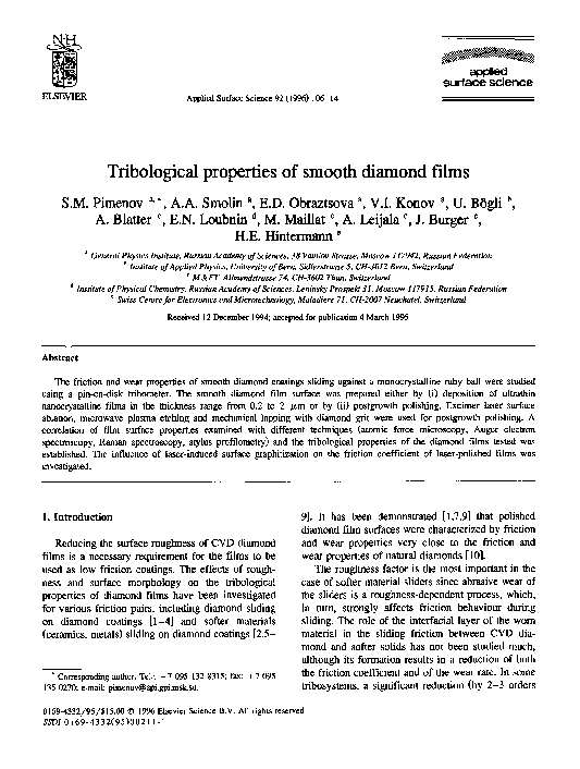 (PDF) Tribological properties of smooth diamond films