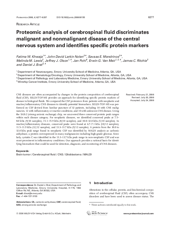 (PDF) Proteomic analysis of cerebrospinal fluid discriminates malignant ...