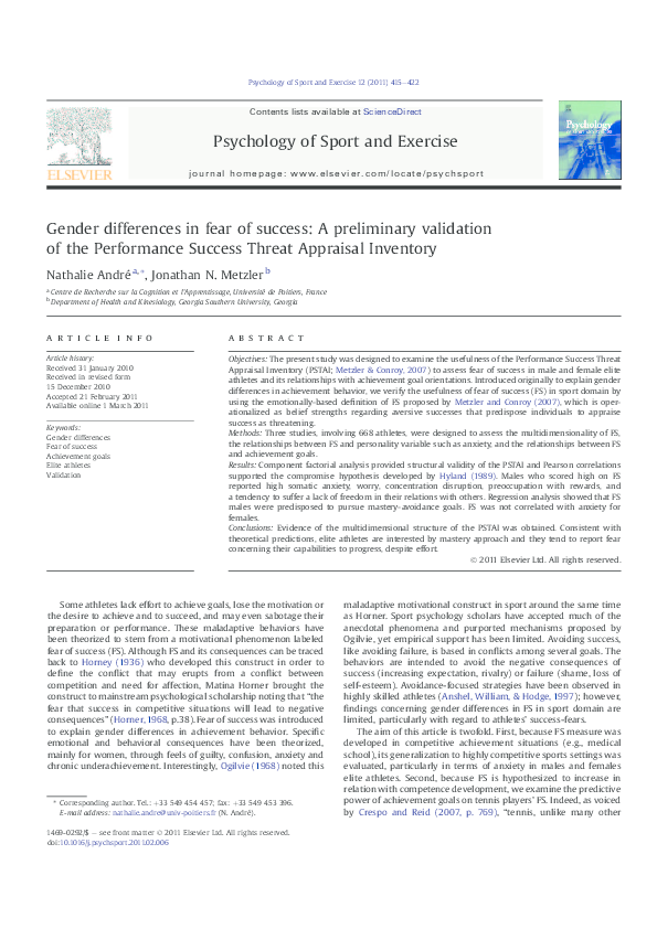 (PDF) Gender differences in fear of success: A preliminary validation ...
