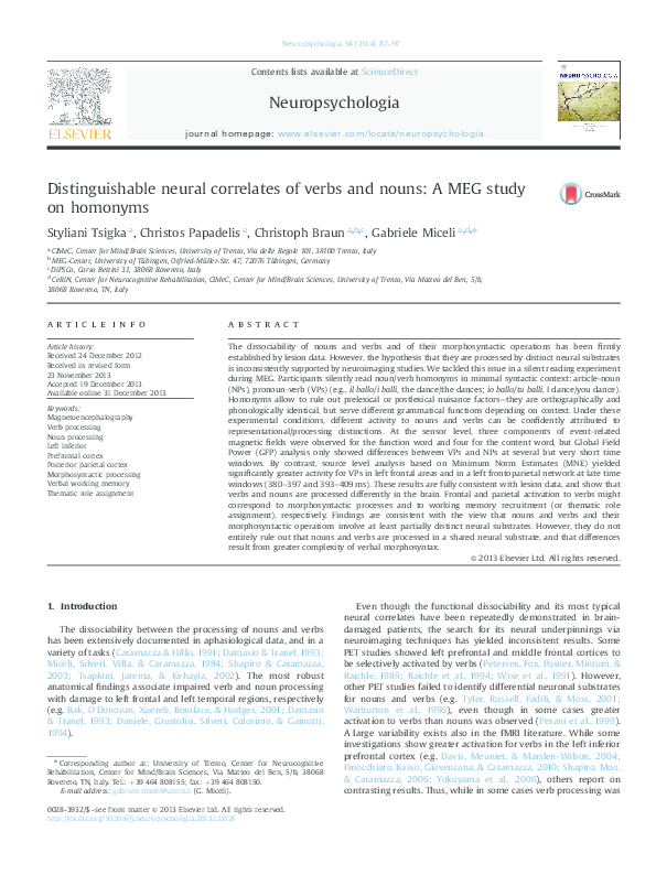 (PDF) Distinguishable neural correlates of verbs and nouns: A MEG study ...