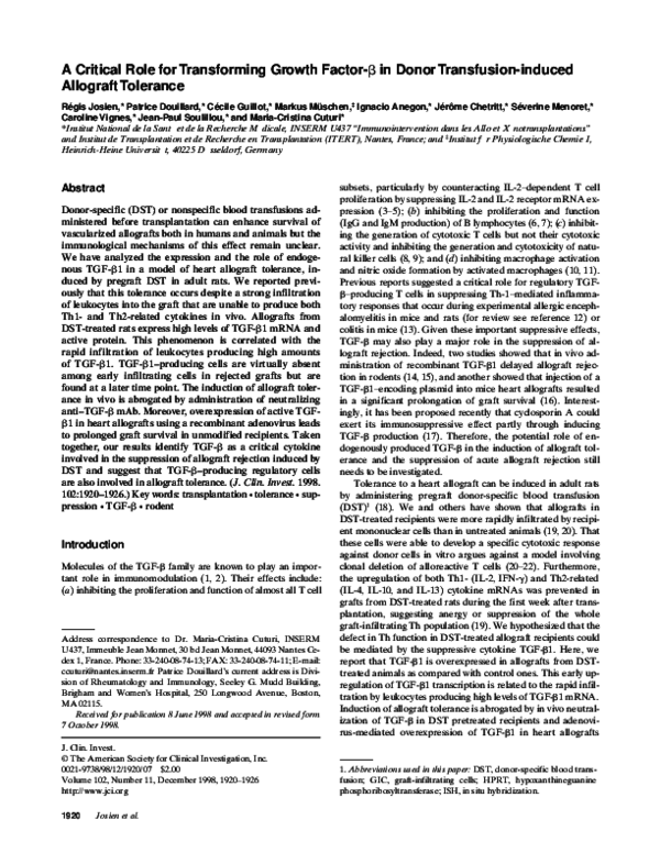 (PDF) A critical role for transforming growth factor-beta in donor ...