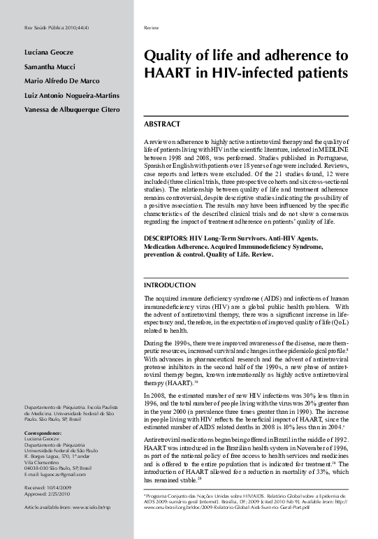 (PDF) Quality of life and adherence to HAART in HIV-infected patients
