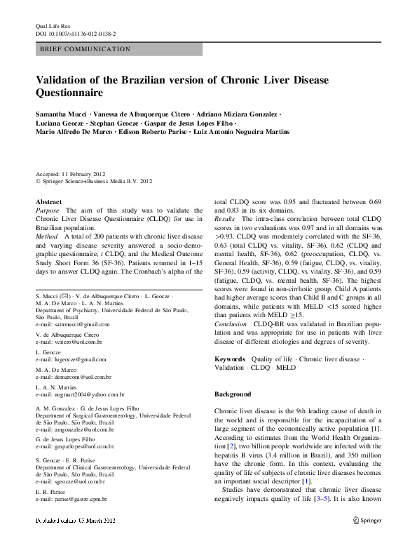 (PDF) Validation of the Brazilian version of Chronic Liver Disease