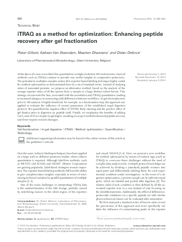 (PDF) iTRAQ as a method for optimization: Enhancing peptide recovery ...