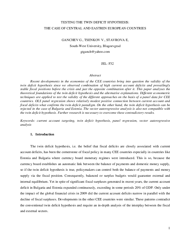 (PDF) TESTING THE TWIN DEFICIT HYPOTHESIS:THE CASE OF CENTRAL AND ...