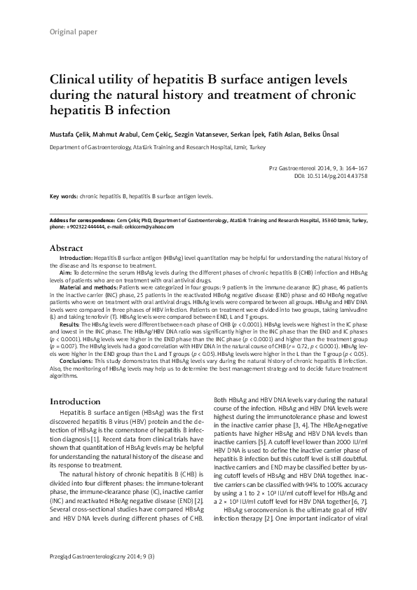 (PDF) Clinical utility of hepatitis B surface antigen levels during the ...