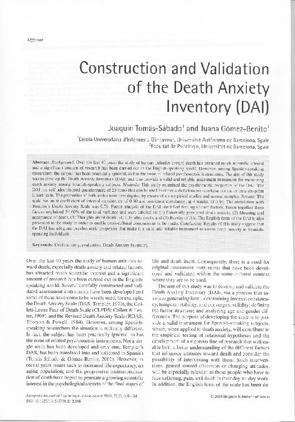 (PDF) Construction and Validation of the Death Anxiety Inventory (DAI)