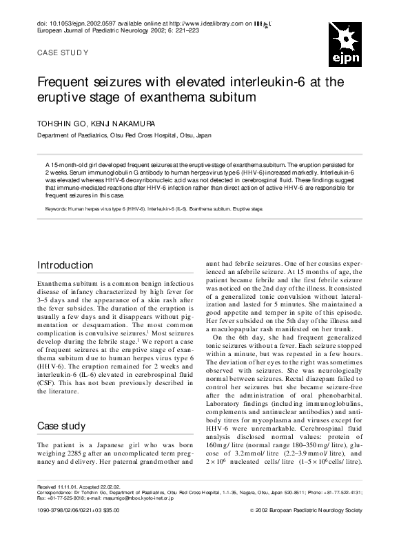 (PDF) Frequent seizures with elevated interleukin-6 at the eruptive ...