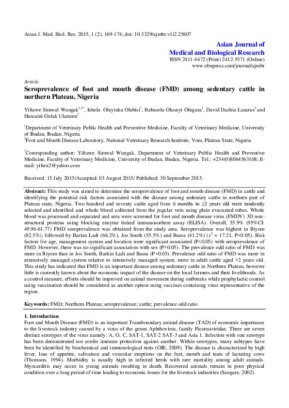 (PDF) Seroprevalence of foot and mouth disease (FMD) among sedentary ...