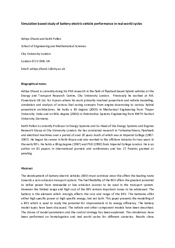 (PDF) Simulation based study of battery electric vehicle performance in