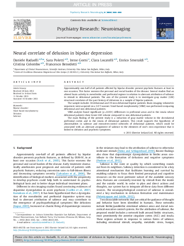 (PDF) Neural correlates of delusion in bipolar depression