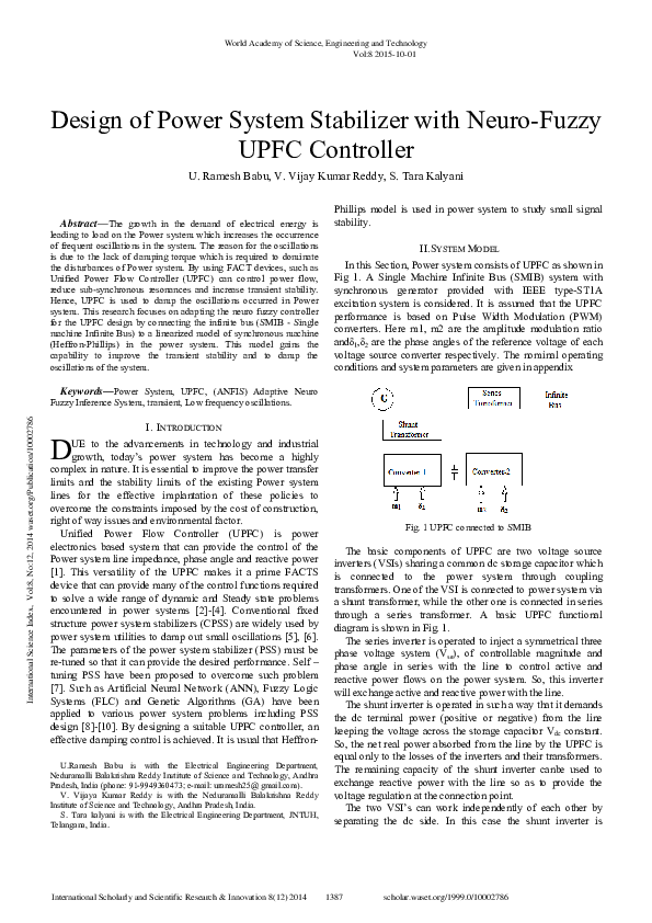 (PDF) Design of Power System Stabilizer with Neuro-Fuzzy UPFC Controller