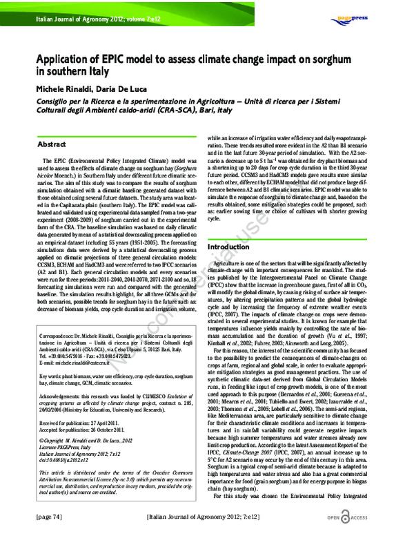 (PDF) Application of EPIC model to assess climate change impact on ...