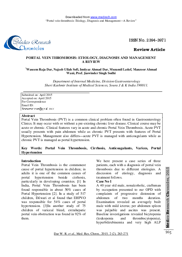 (PDF) 1. PORTAL VEIN THROMBOSIS ETIOLOGY, DIAGNOSIS AND MANAGEMENT