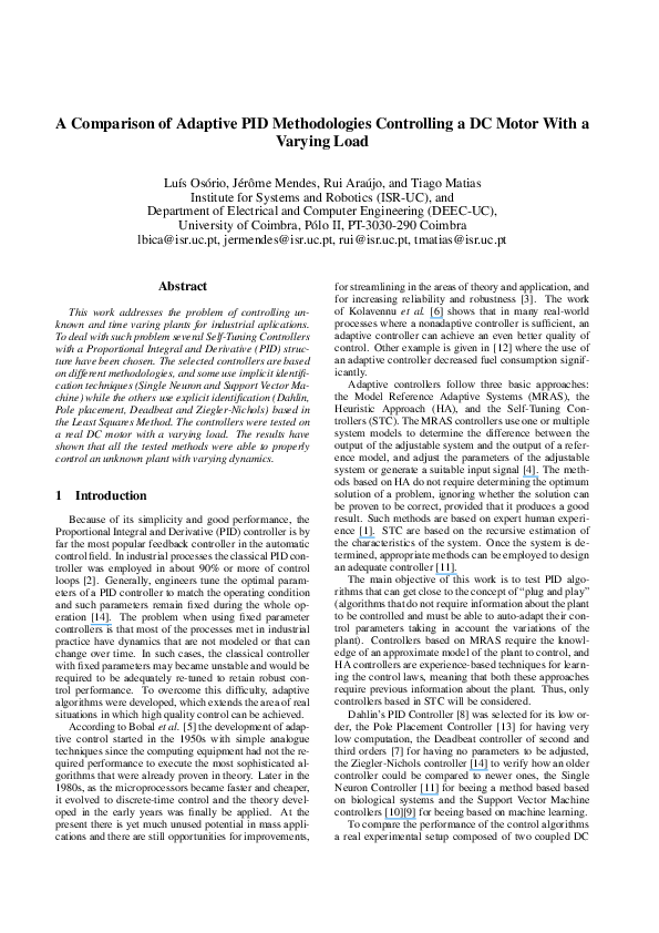 (PDF) A comparison of adaptive PID methodologies controlling a DC motor ...