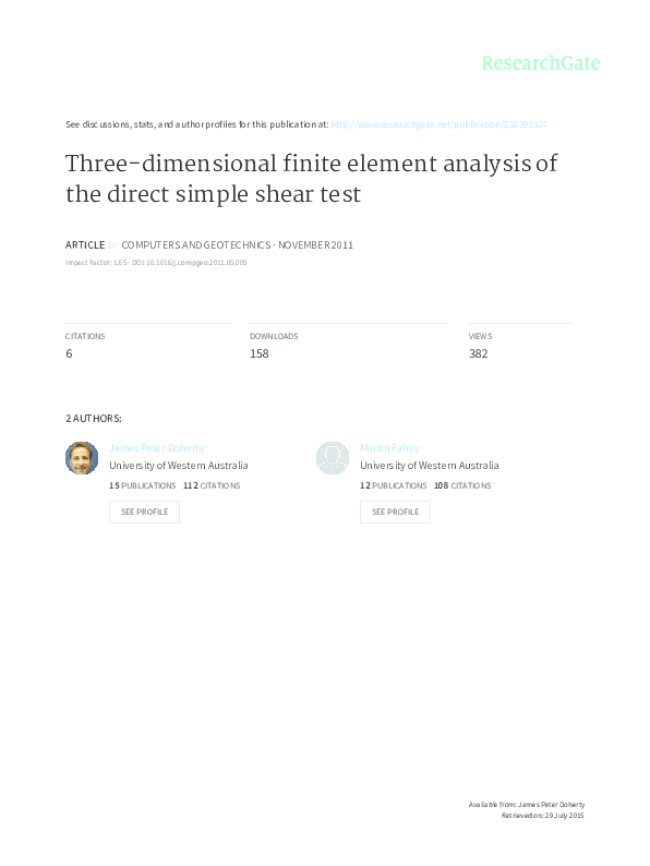(PDF) #Three-D FEA of the direct simple shear test - 2011