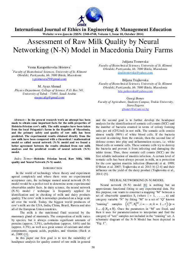 (PDF) Assessment of Raw Milk Quality by Neural Networking (N-N) Model ...