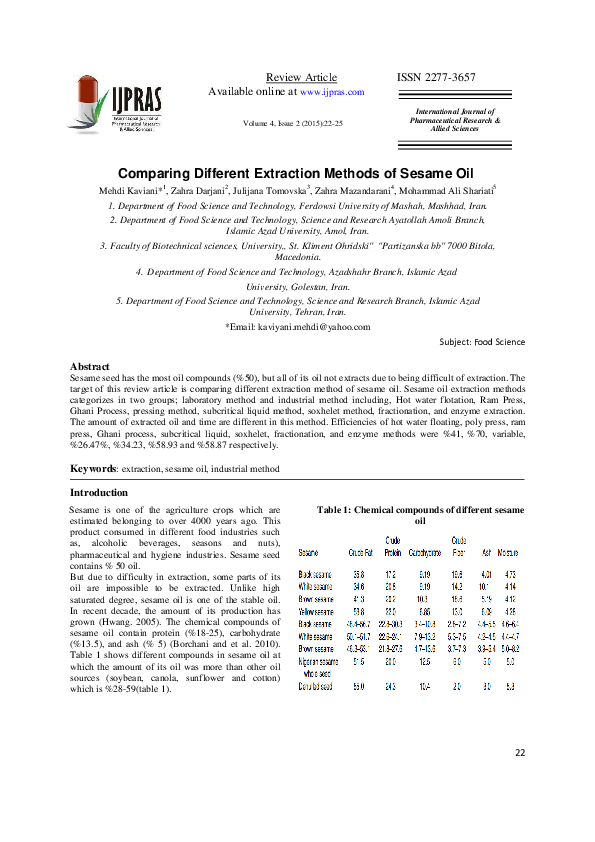 (PDF) Comparing Different Extraction Methods of Sesame Oil Julijana