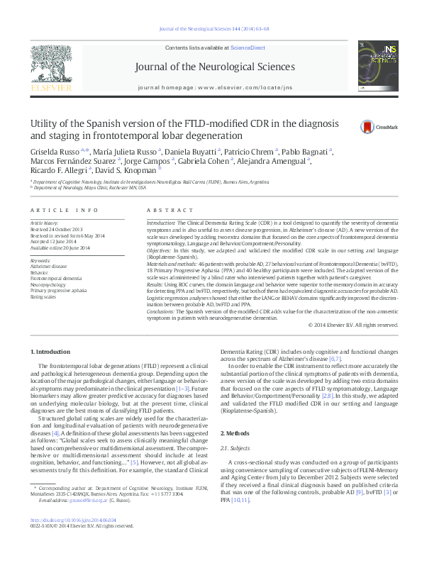 (PDF) Utility of the Spanish version of the FTLD-modified CDR in the ...