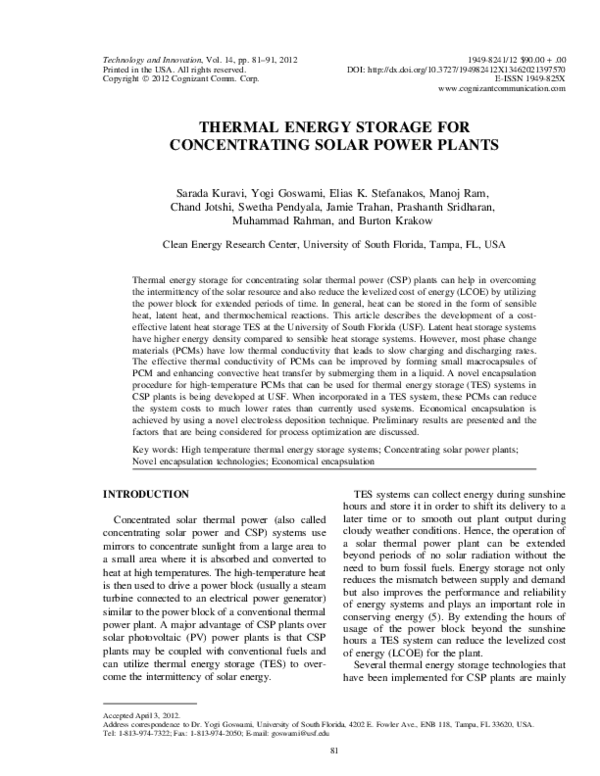 (PDF) THERMAL ENERGY STORAGE FOR CONCENTRATING SOLAR POWER PLANTS