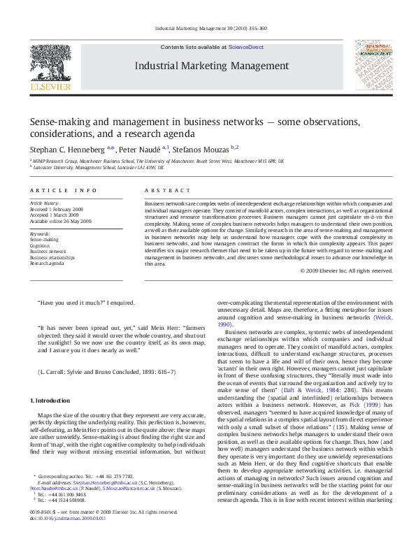 (PDF) Sense-making and management in business networks — some ...