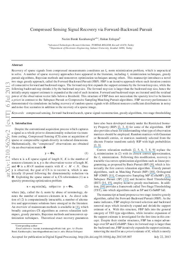 (PDF) Compressed sensing signal recovery via forward–backward pursuit