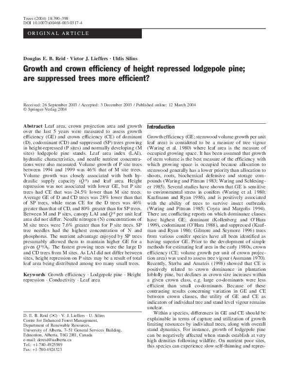 (PDF) Growth and crown efficiency of height repressed lodgepole pine ...