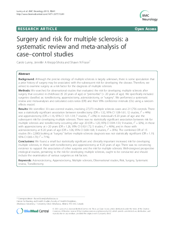(PDF) Surgery and risk for multiple sclerosis: a systematic review and ...